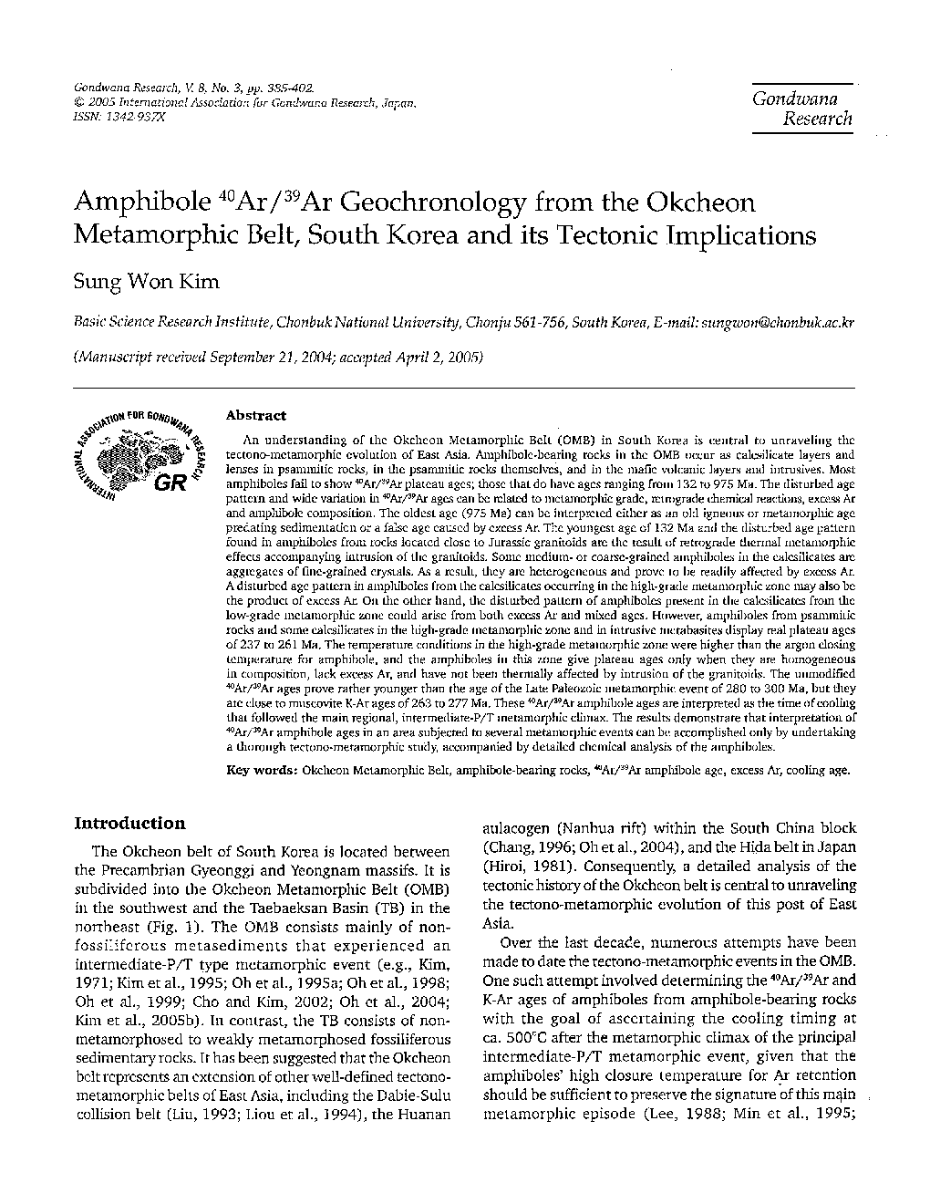 Amphibole 40Ar/39Ar Geochronology from the Okcheon Metamorphic Belt, South Korea and its Tectonic Implications