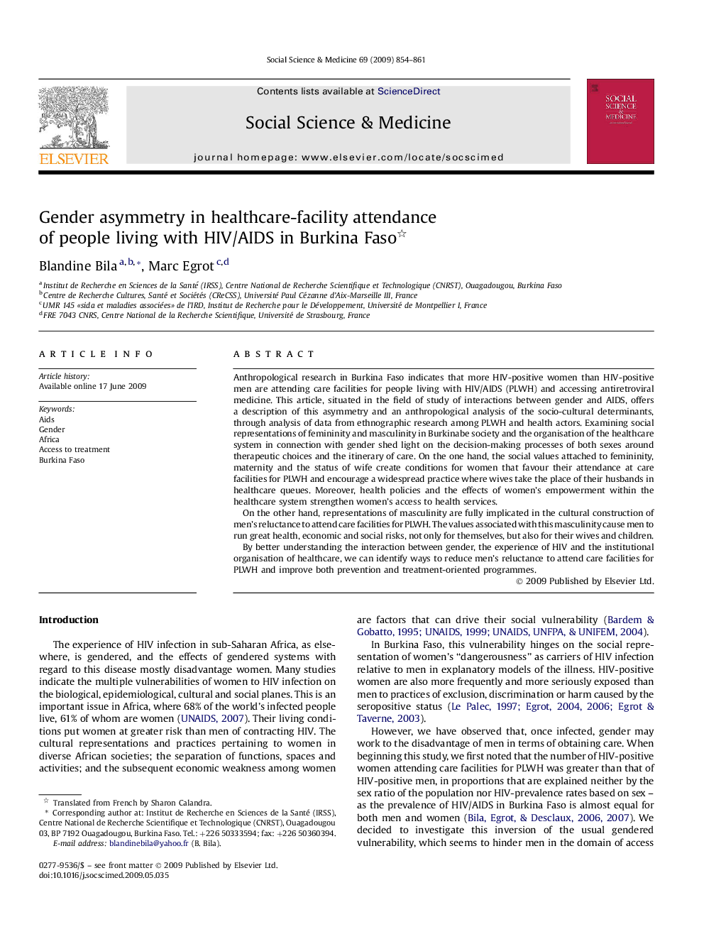 Gender asymmetry in healthcare-facility attendance of people living with HIV/AIDS in Burkina Faso 