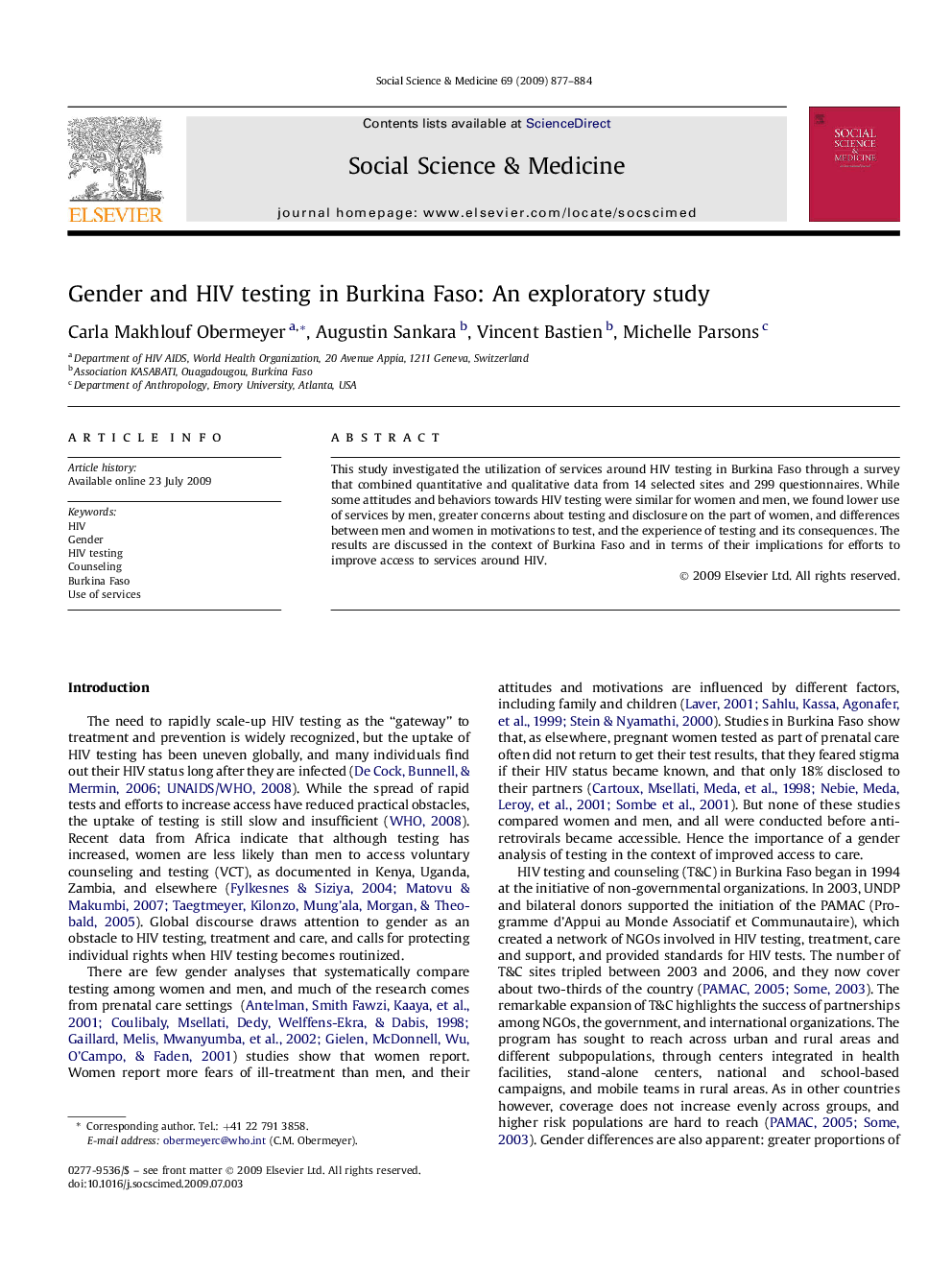 Gender and HIV testing in Burkina Faso: An exploratory study