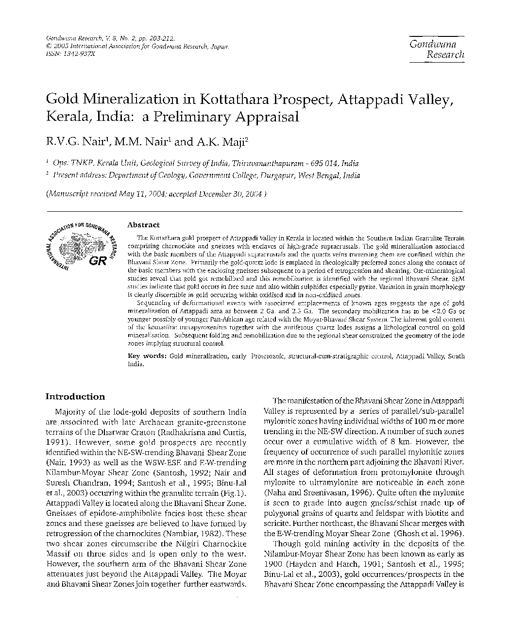 Gold Mineralization in Kottathara Prospect, Attappadi Valley, Kerala, India: a Preliminary Appraisal