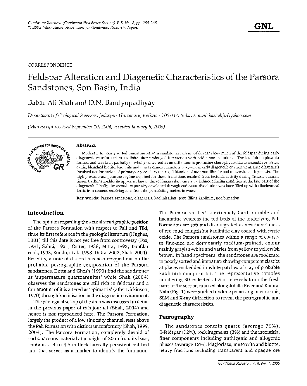 Feldspar Alteration and Diagenetic Characteristics of the Parsora Sandstones, Son Basin, India