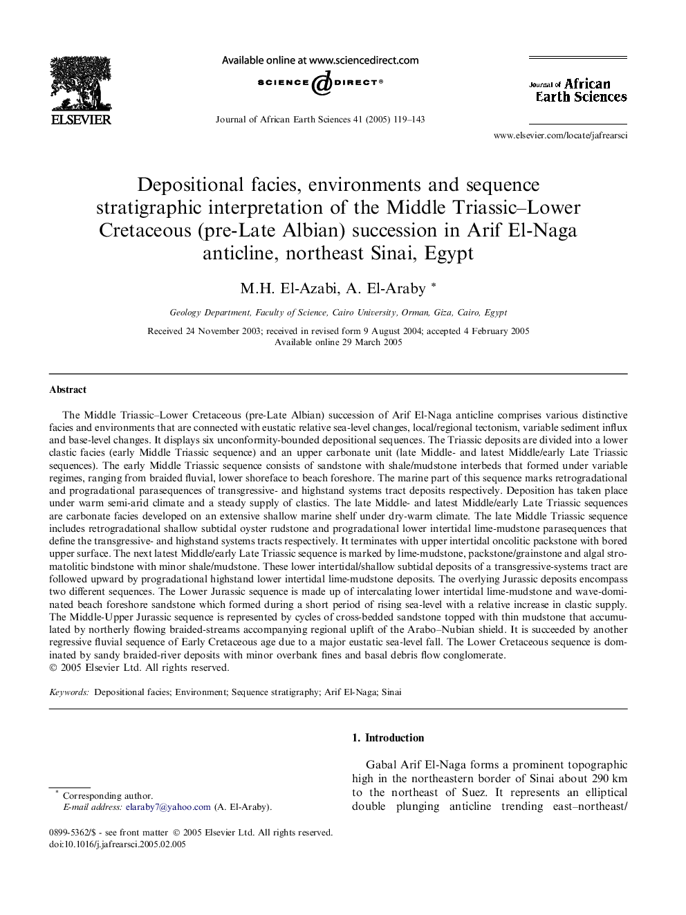 Depositional facies, environments and sequence stratigraphic interpretation of the Middle Triassic-Lower Cretaceous (pre-Late Albian) succession in Arif El-Naga anticline, northeast Sinai, Egypt