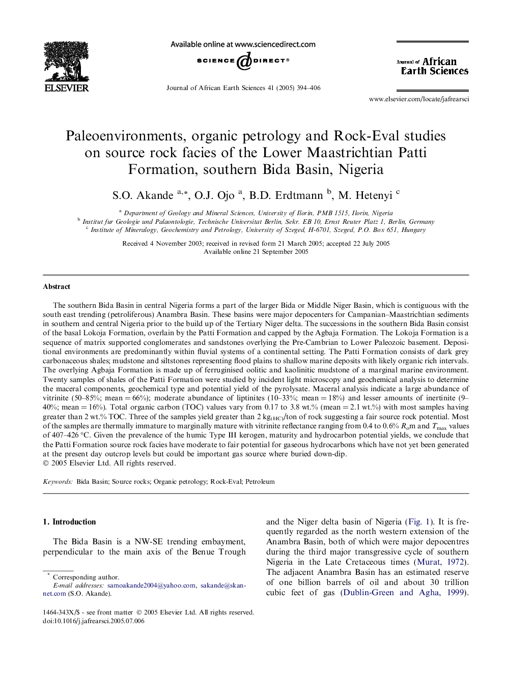 Paleoenvironments, organic petrology and Rock-Eval studies on source rock facies of the Lower Maastrichtian Patti Formation, southern Bida Basin, Nigeria