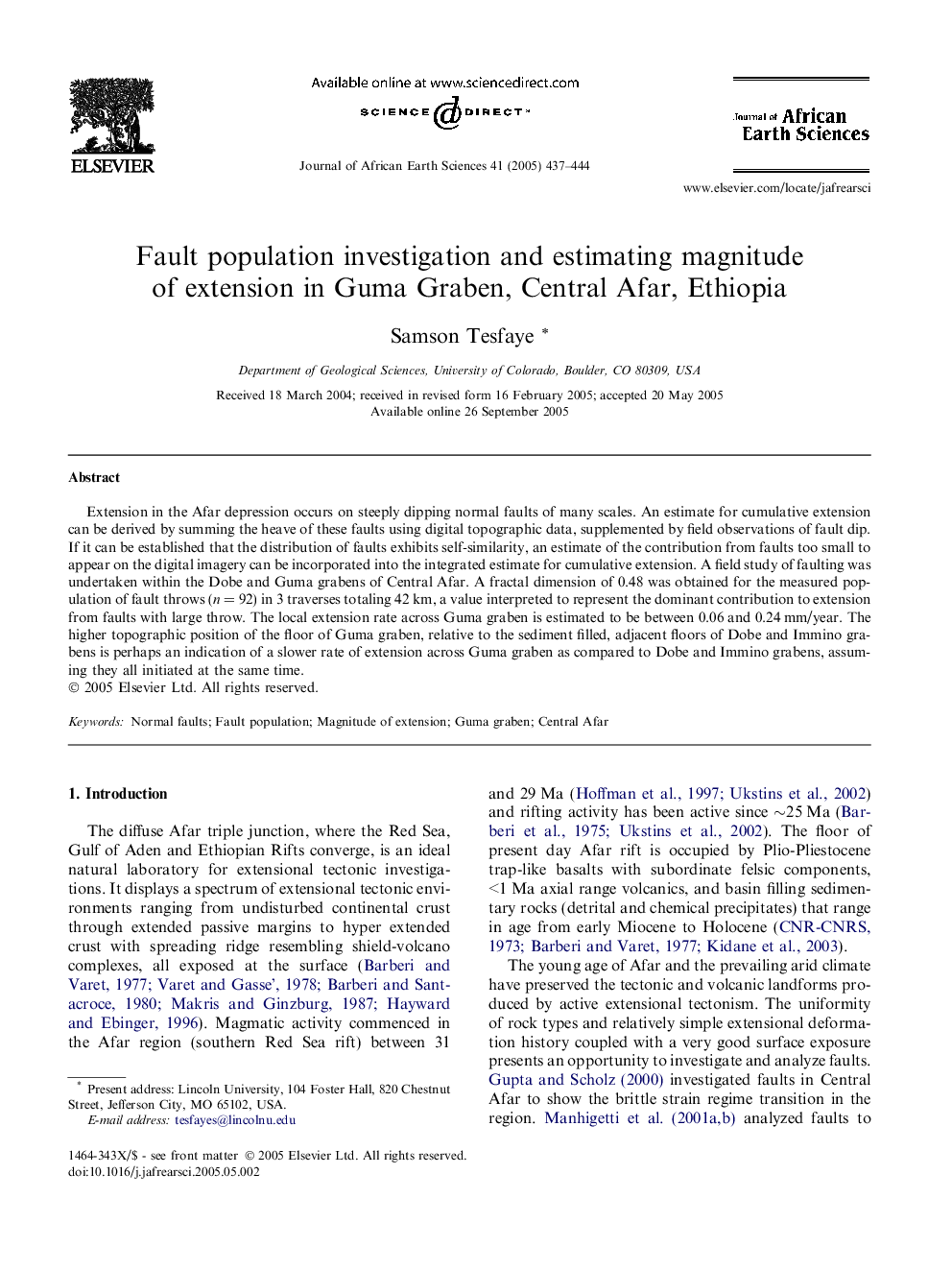 Fault population investigation and estimating magnitude of extension in Guma Graben, Central Afar, Ethiopia