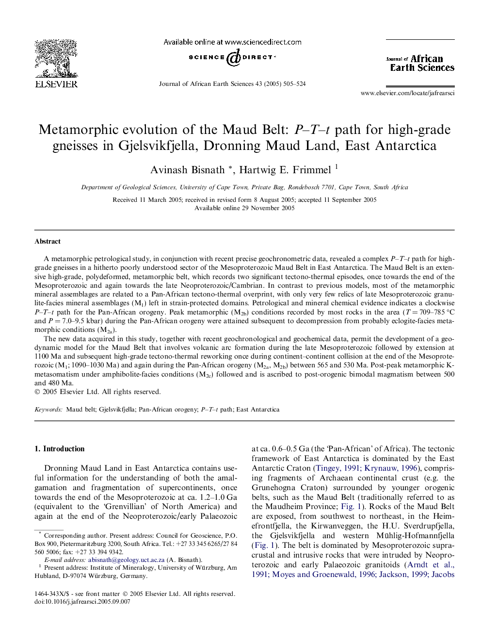 Metamorphic evolution of the Maud Belt: P-T-t path for high-grade gneisses in Gjelsvikfjella, Dronning Maud Land, East Antarctica