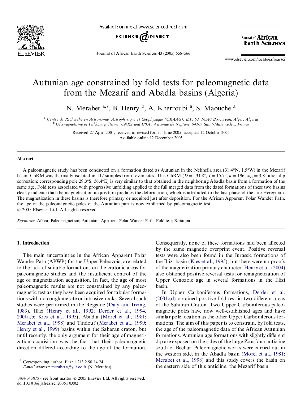 Autunian age constrained by fold tests for paleomagnetic data from the Mezarif and Abadla basins (Algeria)