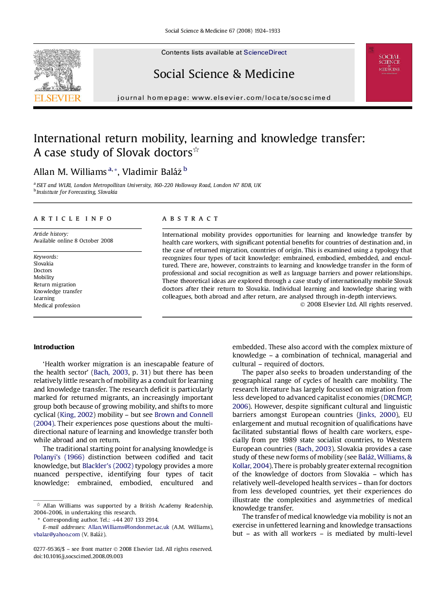 International return mobility, learning and knowledge transfer: A case study of Slovak doctors 