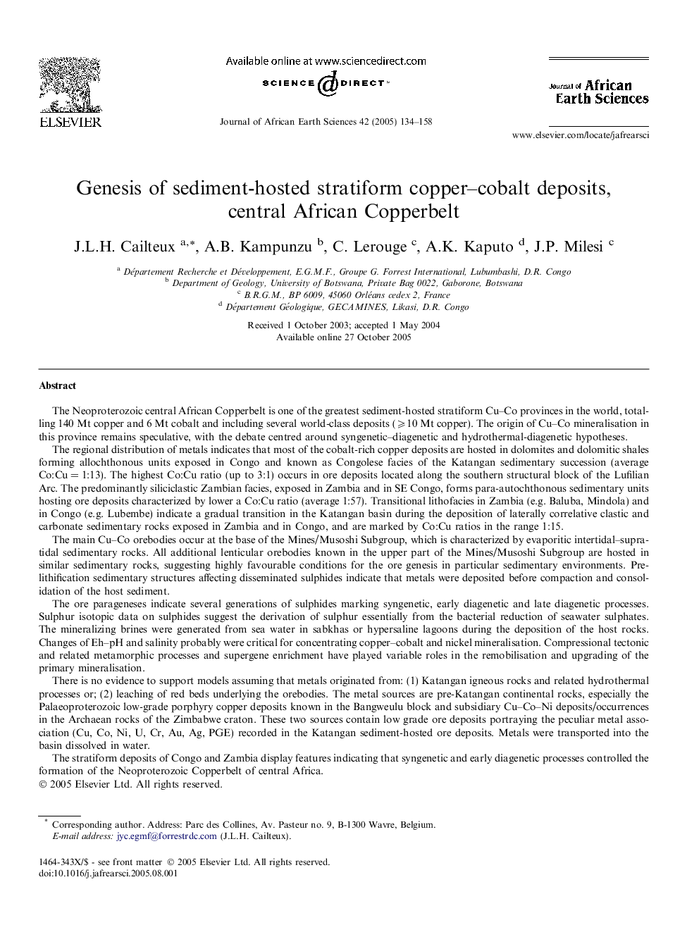 Genesis of sediment-hosted stratiform copper-cobalt deposits, central African Copperbelt