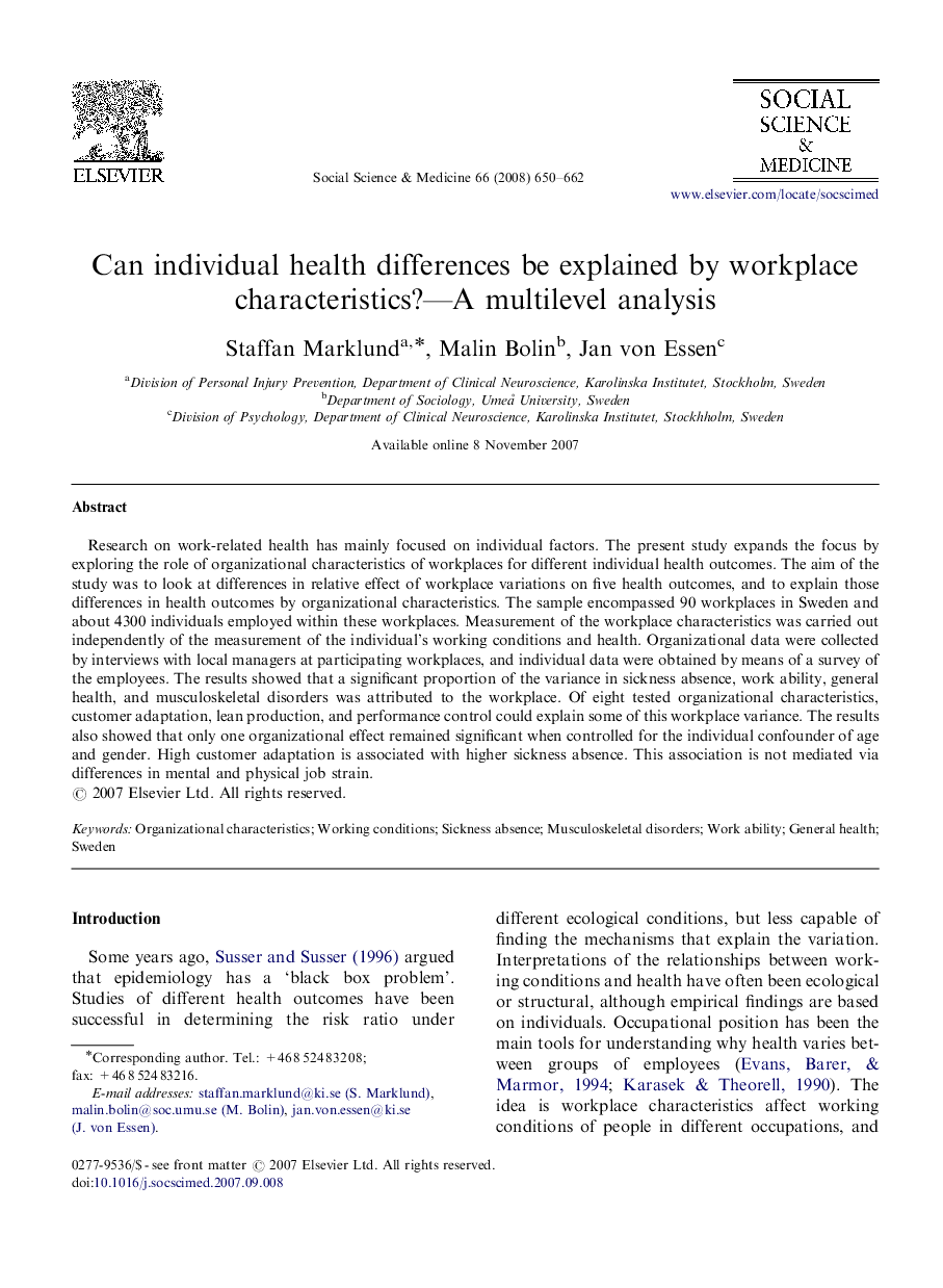 Can individual health differences be explained by workplace characteristics?—A multilevel analysis