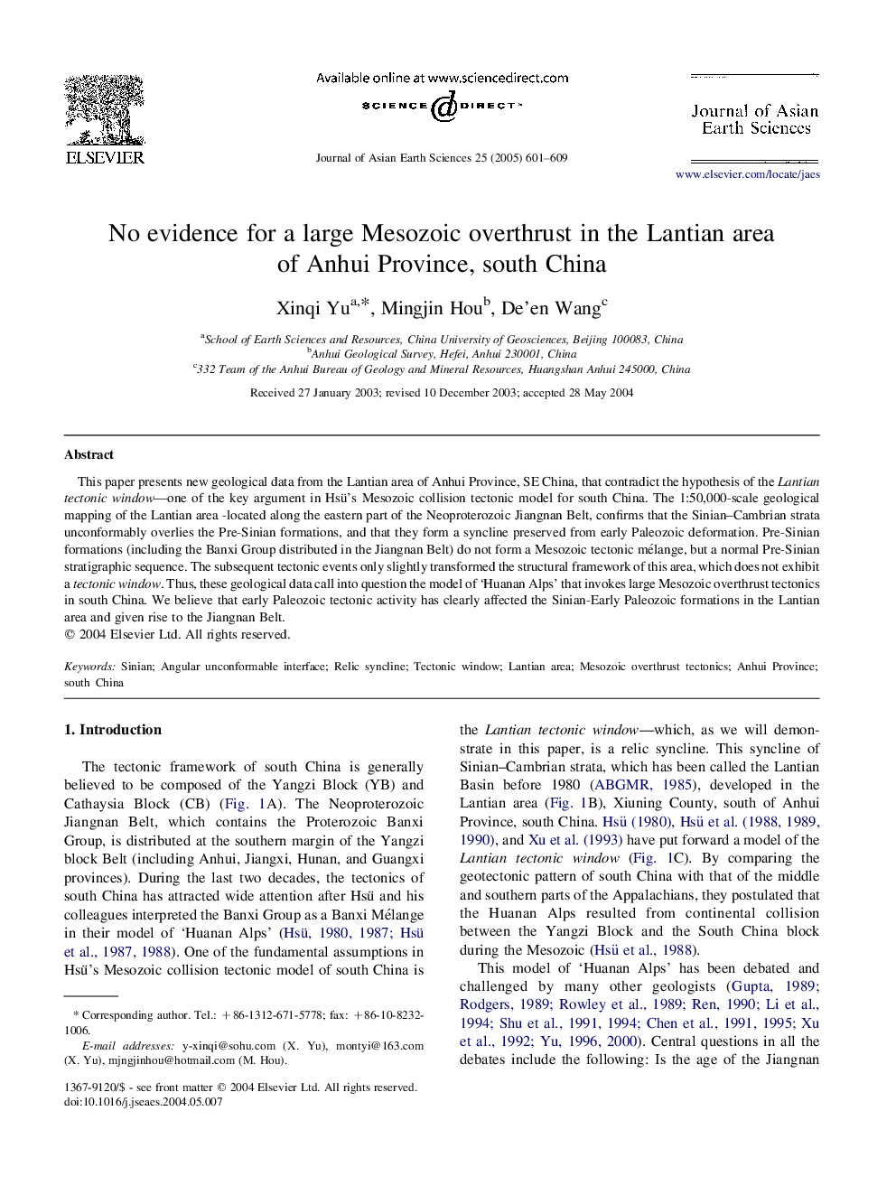 No evidence for a large Mesozoic overthrust in the Lantian area of Anhui Province, south China