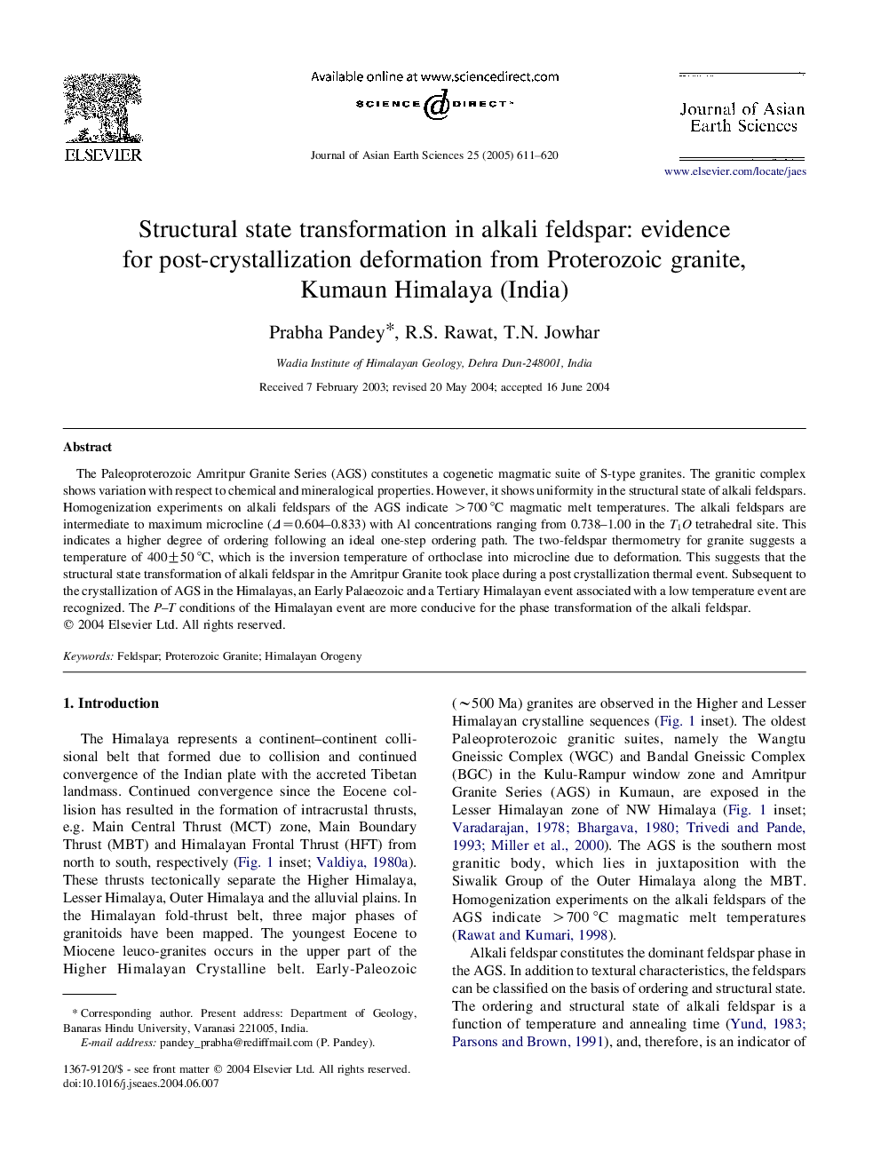 Structural state transformation in alkali feldspar: evidence for post-crystallization deformation from Proterozoic granite, Kumaun Himalaya (India)