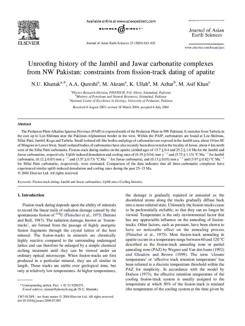 Unroofing history of the Jambil and Jawar carbonatite complexes from NW Pakistan: constraints from fission-track dating of apatite