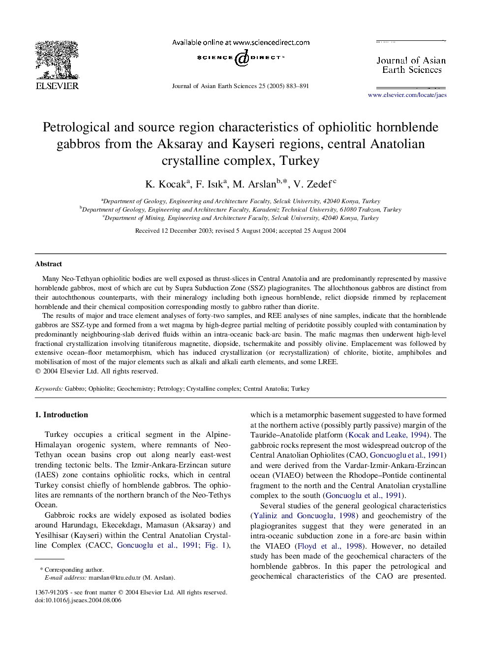 Petrological and source region characteristics of ophiolitic hornblende gabbros from the Aksaray and Kayseri regions, central Anatolian crystalline complex, Turkey