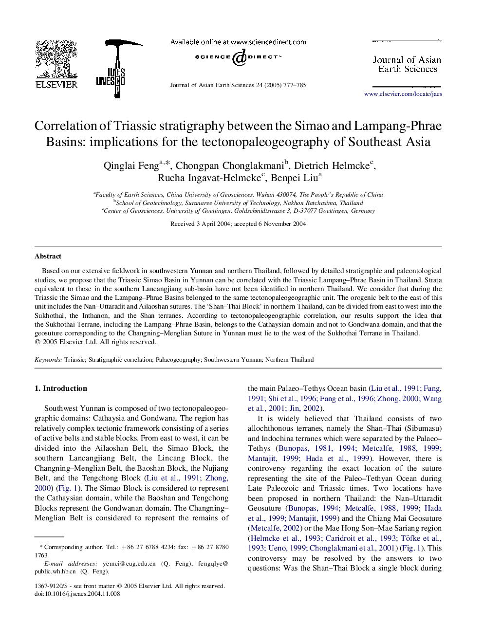 Correlation of Triassic stratigraphy between the Simao and Lampang-Phrae Basins: implications for the tectonopaleogeography of Southeast Asia