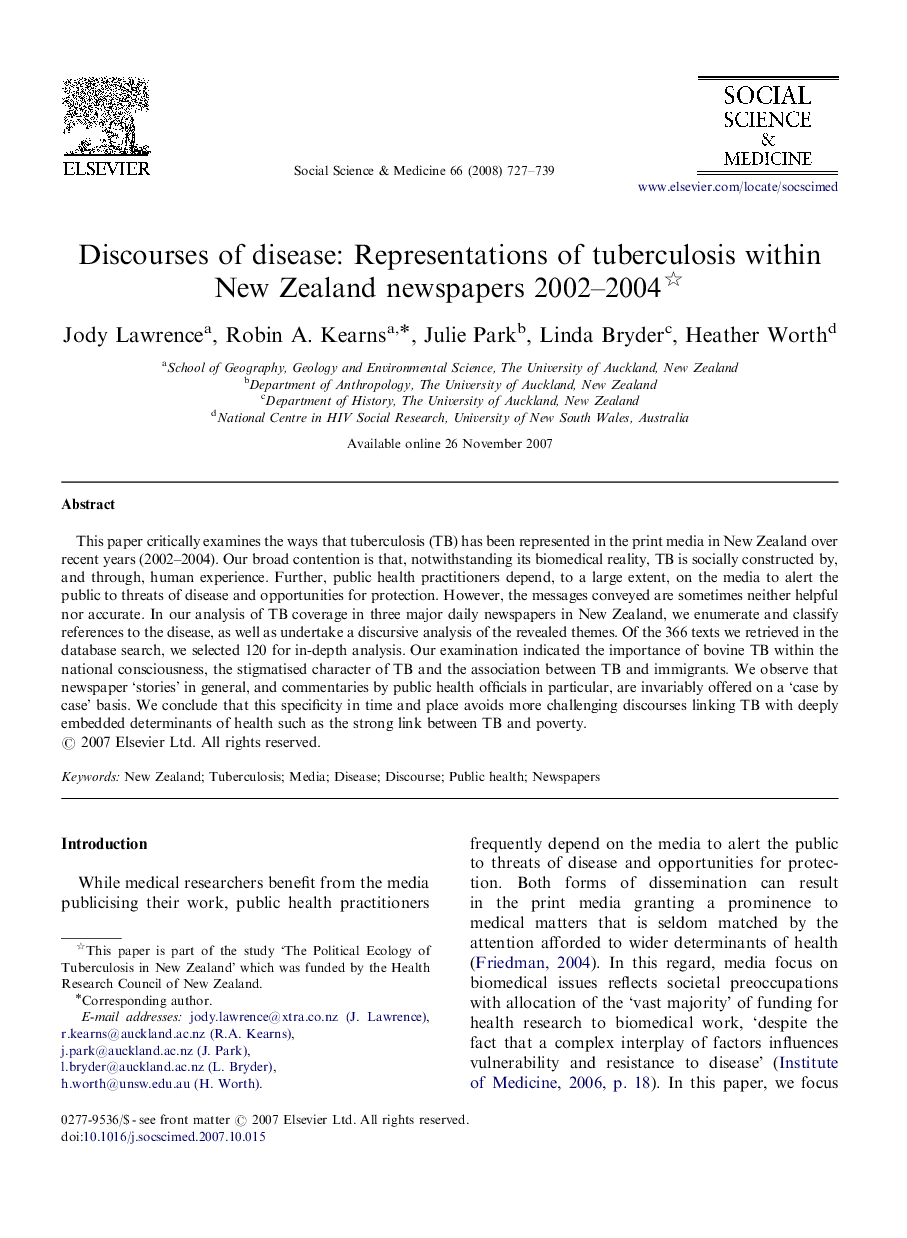 Discourses of disease: Representations of tuberculosis within New Zealand newspapers 2002–2004 