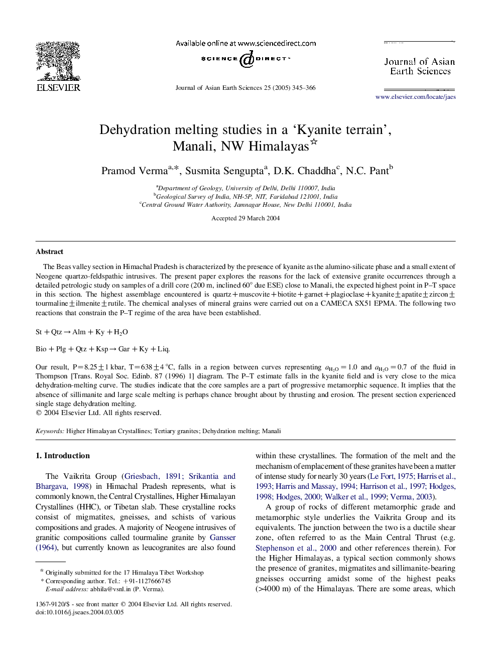 Dehydration melting studies in a 'Kyanite terrain', Manali, NW Himalayas