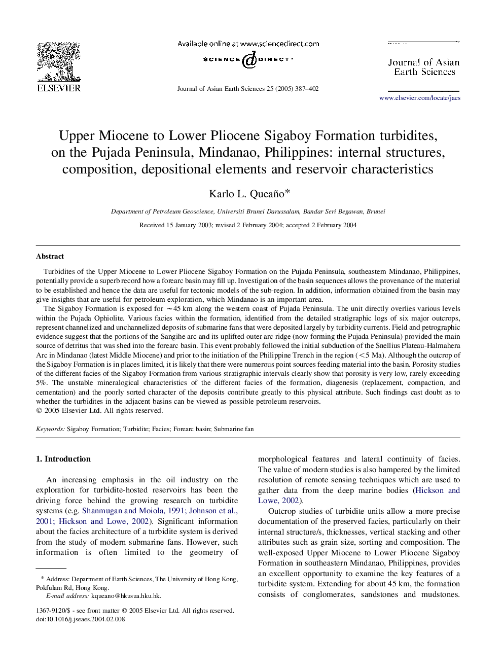 Upper Miocene to Lower Pliocene Sigaboy Formation turbidites, on the Pujada Peninsula, Mindanao, Philippines: internal structures, composition, depositional elements and reservoir characteristics