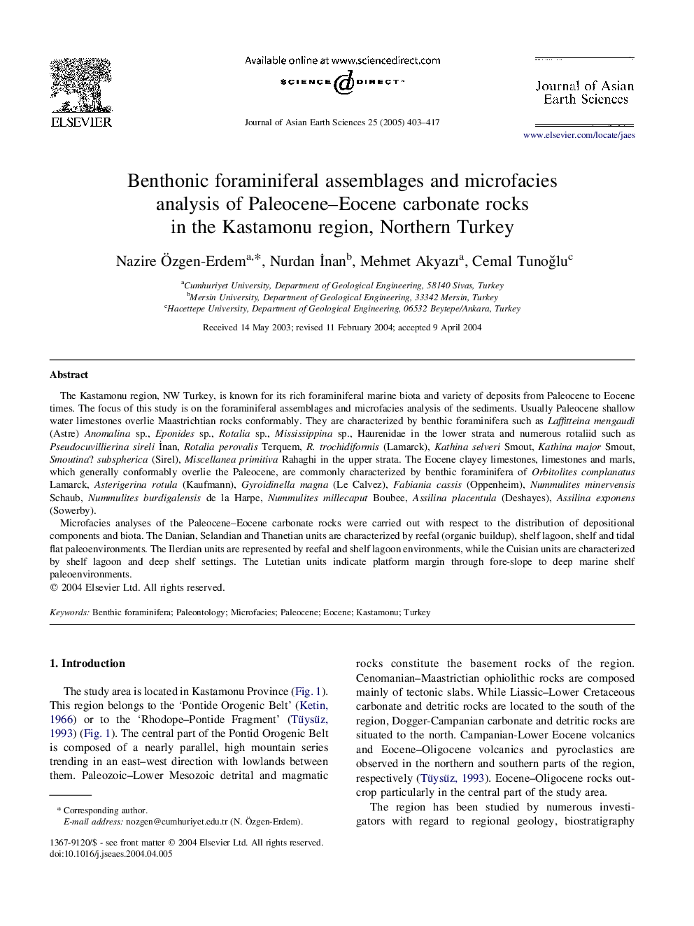 Benthonic foraminiferal assemblages and microfacies analysis of Paleocene-Eocene carbonate rocks in the Kastamonu region, Northern Turkey