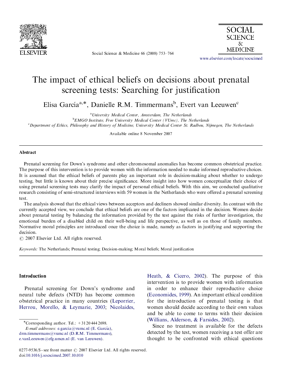 The impact of ethical beliefs on decisions about prenatal screening tests: Searching for justification