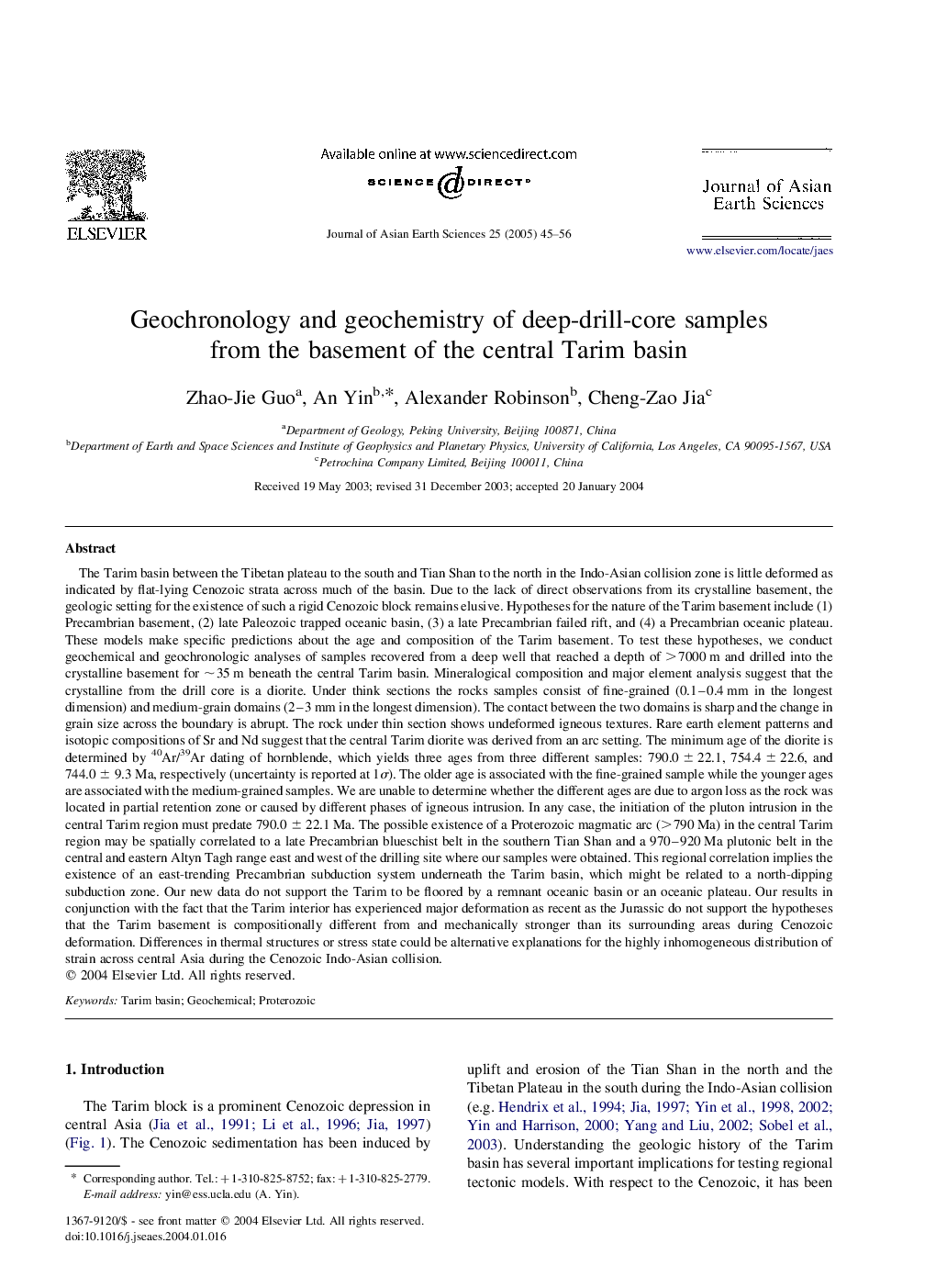 Geochronology and geochemistry of deep-drill-core samples from the basement of the central Tarim basin