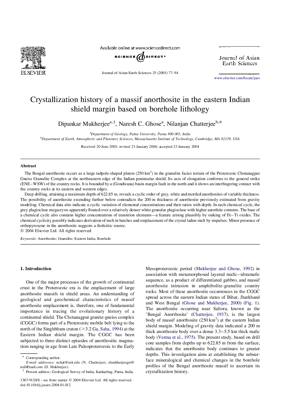 Crystallization history of a massif anorthosite in the eastern Indian shield margin based on borehole lithology