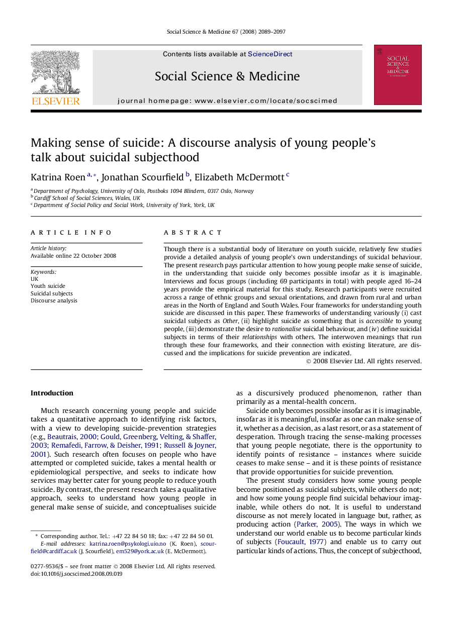 Making sense of suicide: A discourse analysis of young people's talk about suicidal subjecthood