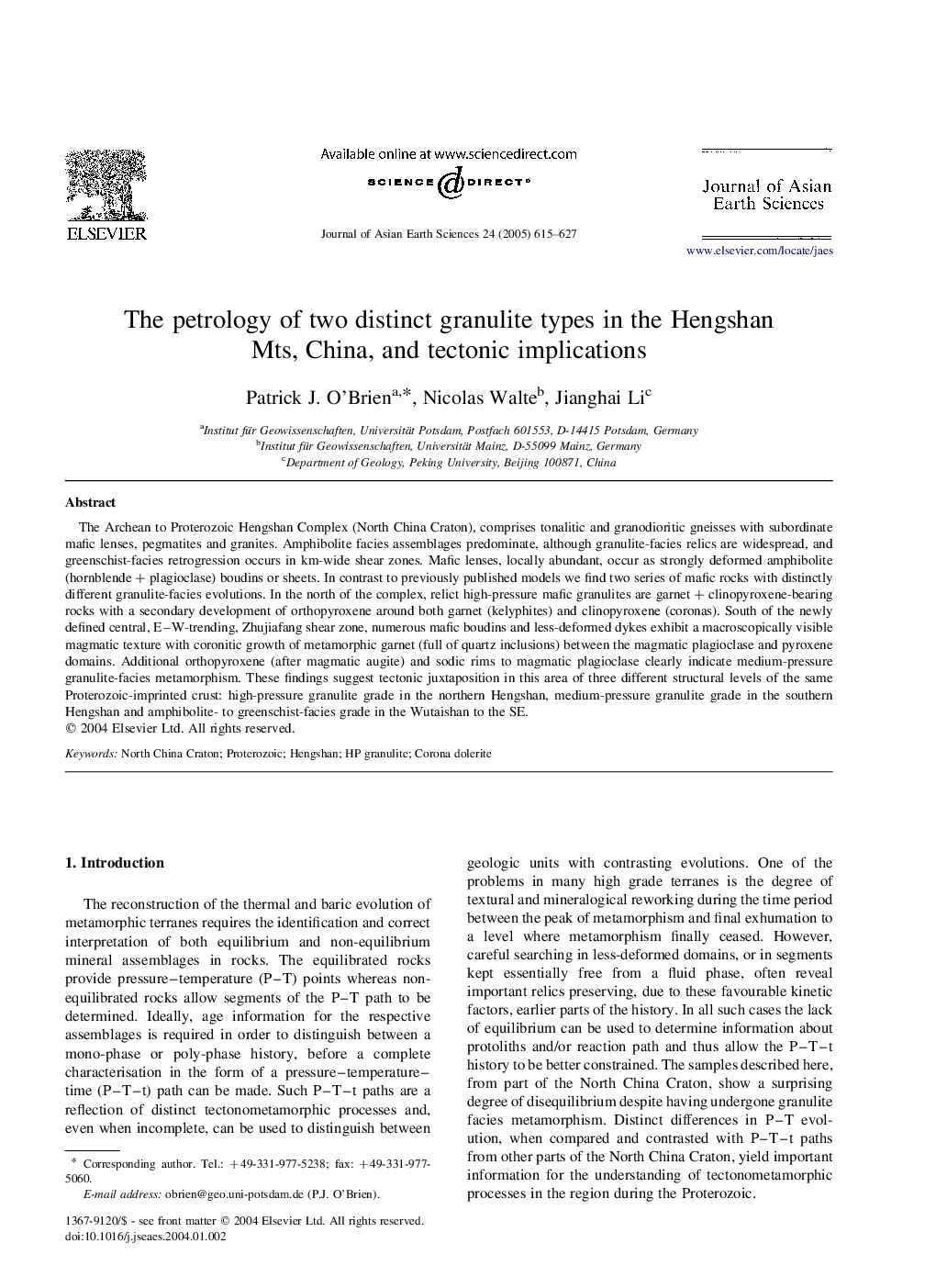 The petrology of two distinct granulite types in the Hengshan Mts, China, and tectonic implications