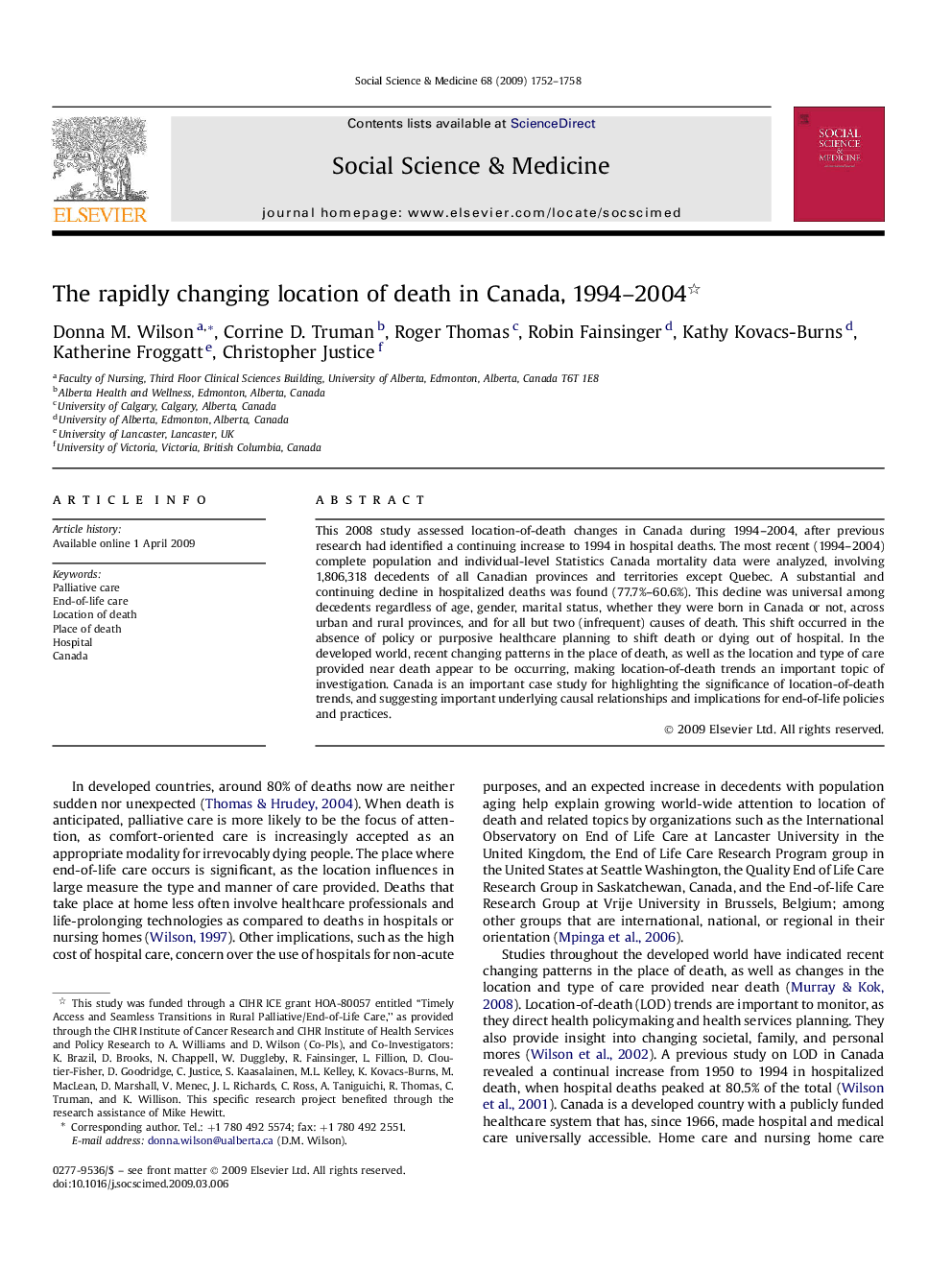 The rapidly changing location of death in Canada, 1994–2004 