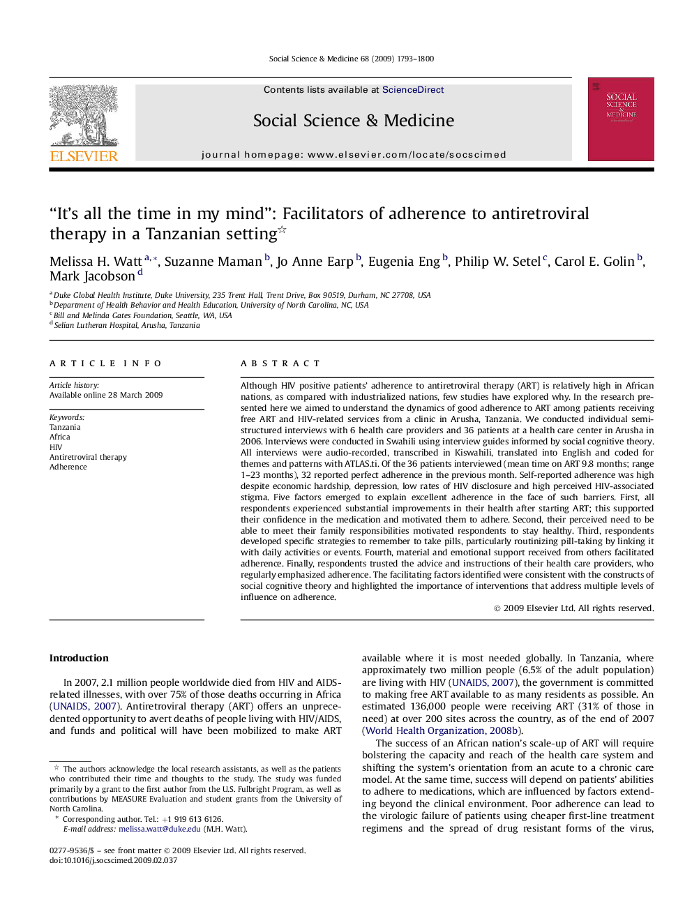 “It's all the time in my mind”: Facilitators of adherence to antiretroviral therapy in a Tanzanian setting 