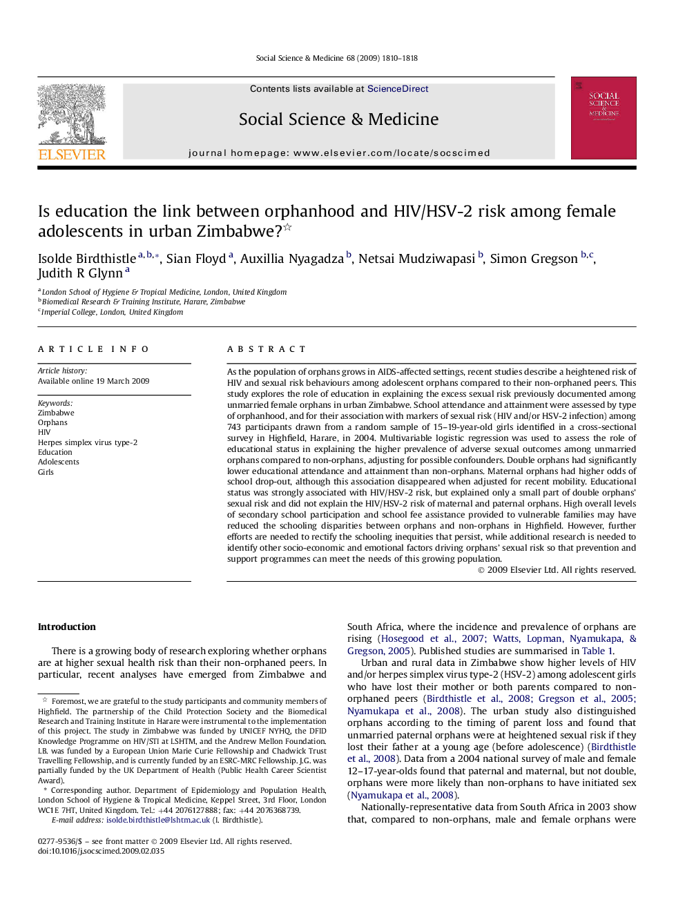 Is education the link between orphanhood and HIV/HSV-2 risk among female adolescents in urban Zimbabwe? 