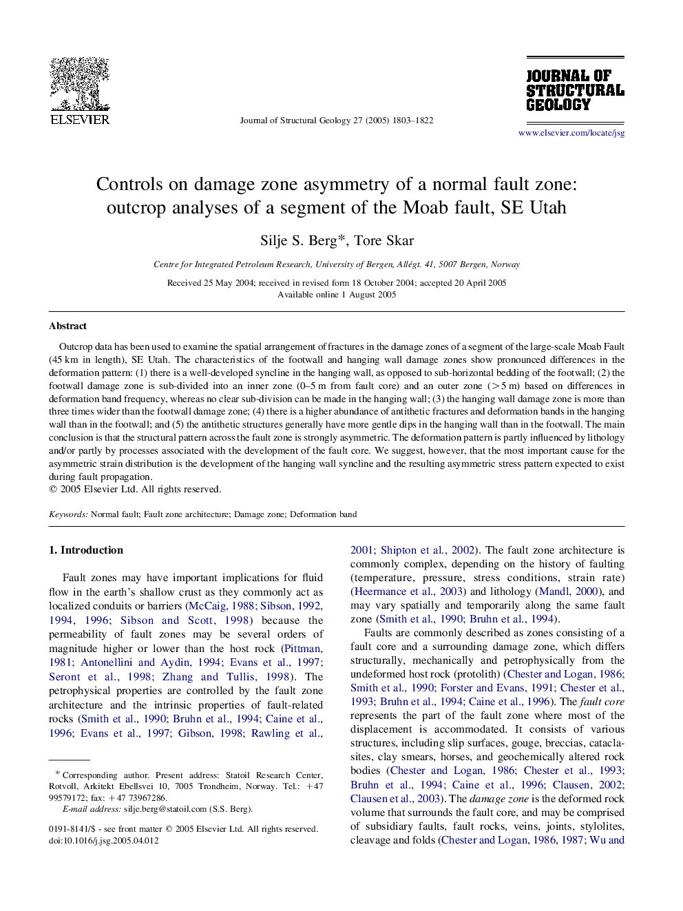 Controls on damage zone asymmetry of a normal fault zone: outcrop analyses of a segment of the Moab fault, SE Utah