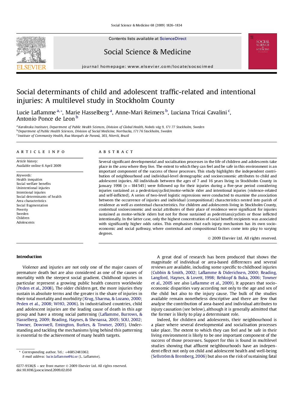 Social determinants of child and adolescent traffic-related and intentional injuries: A multilevel study in Stockholm County