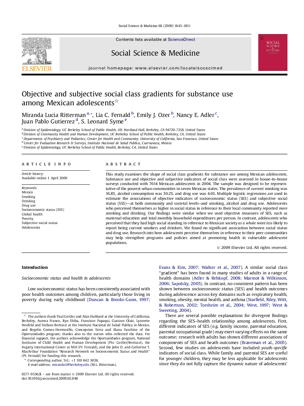 Objective and subjective social class gradients for substance use among Mexican adolescents 