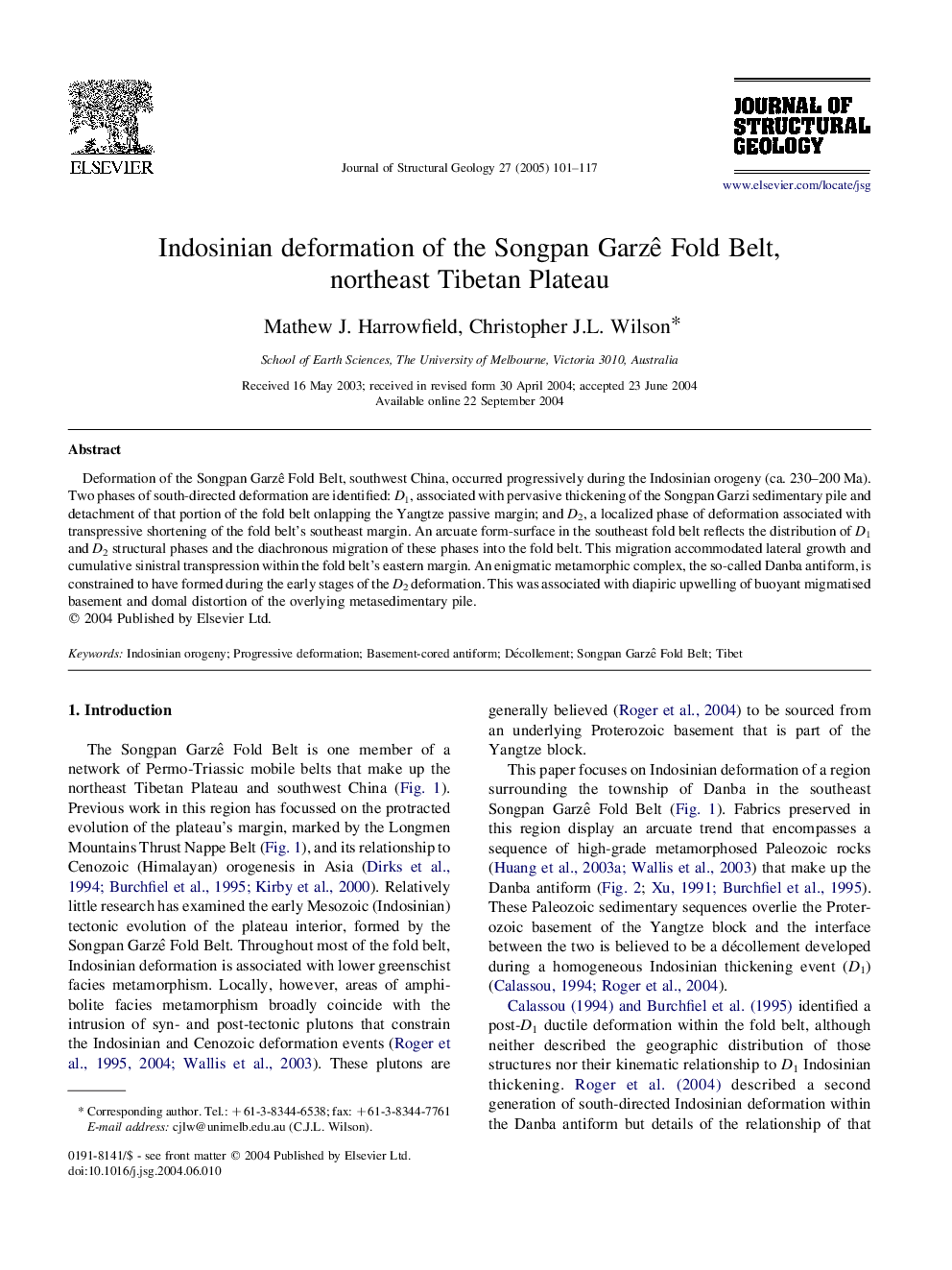 Indosinian deformation of the Songpan GarzÃª Fold Belt, northeast Tibetan Plateau