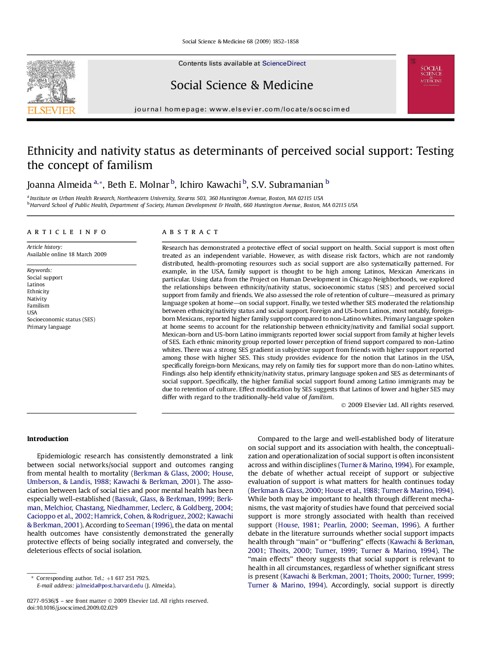 Ethnicity and nativity status as determinants of perceived social support: Testing the concept of familism