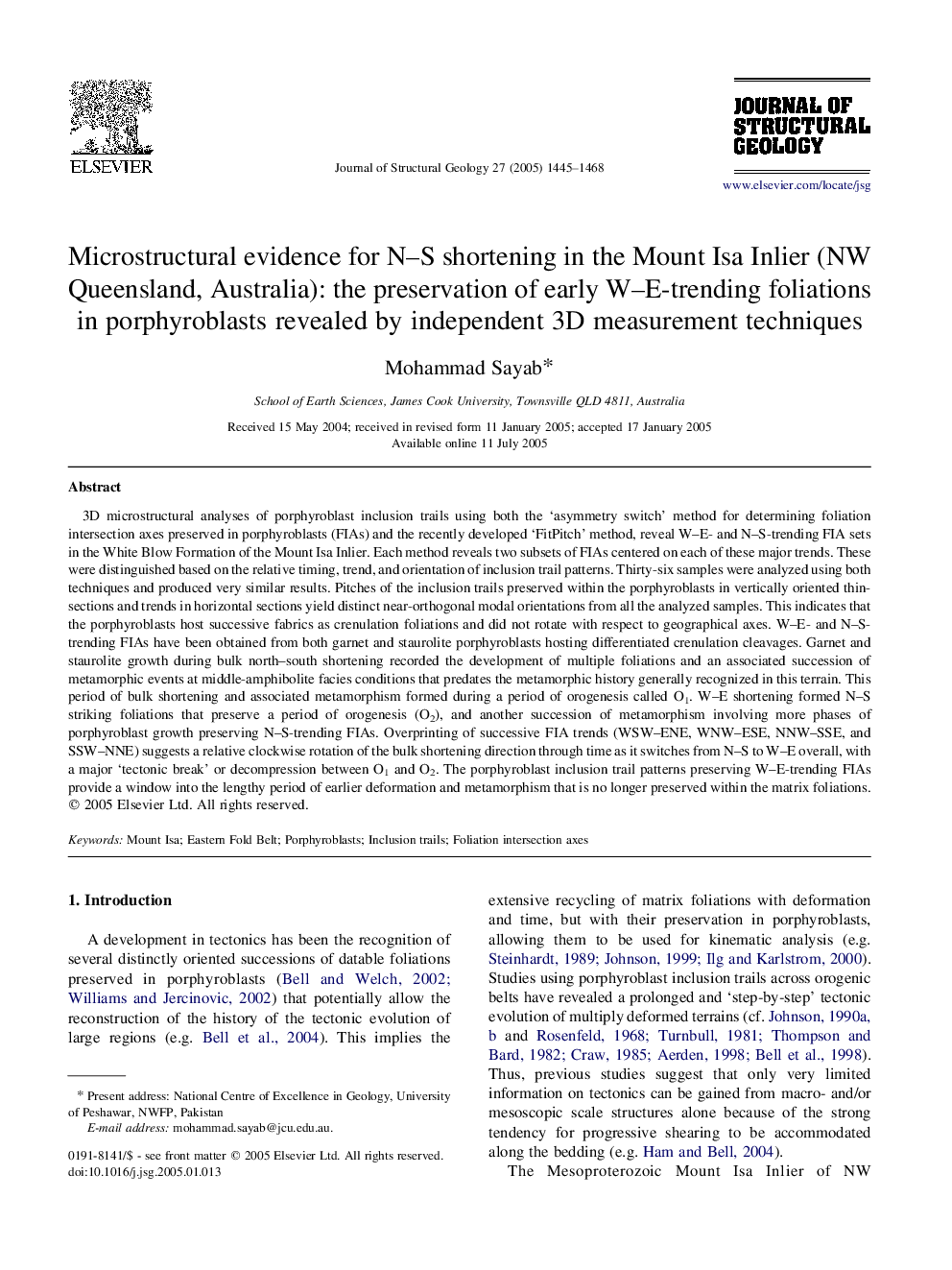 Microstructural evidence for N-S shortening in the Mount Isa Inlier (NW Queensland, Australia): the preservation of early W-E-trending foliations in porphyroblasts revealed by independent 3D measurement techniques