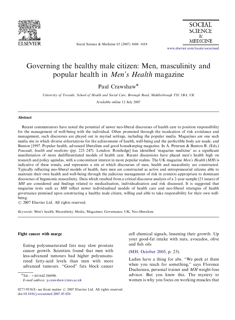 Governing the healthy male citizen: Men, masculinity and popular health in Men's Health magazine