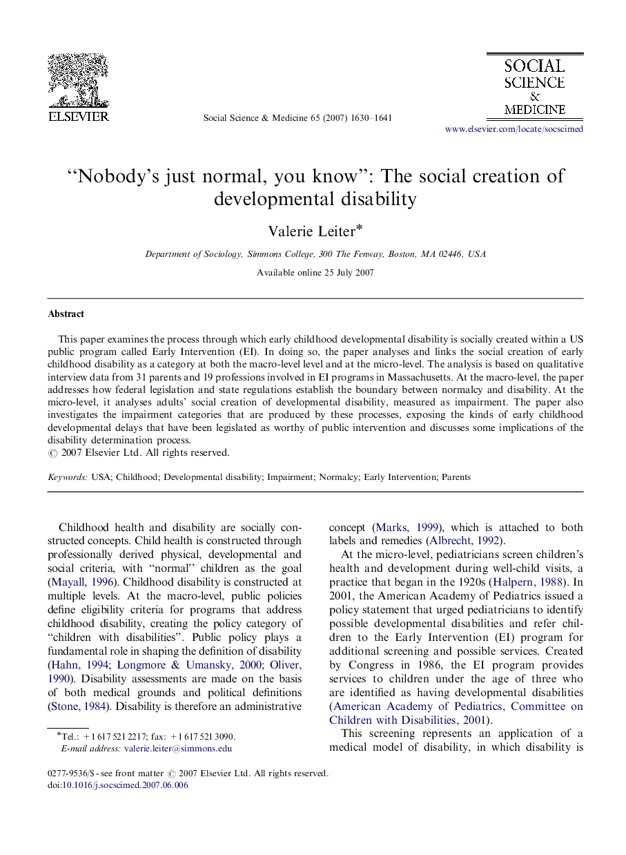 “Nobody's just normal, you know”: The social creation of developmental disability