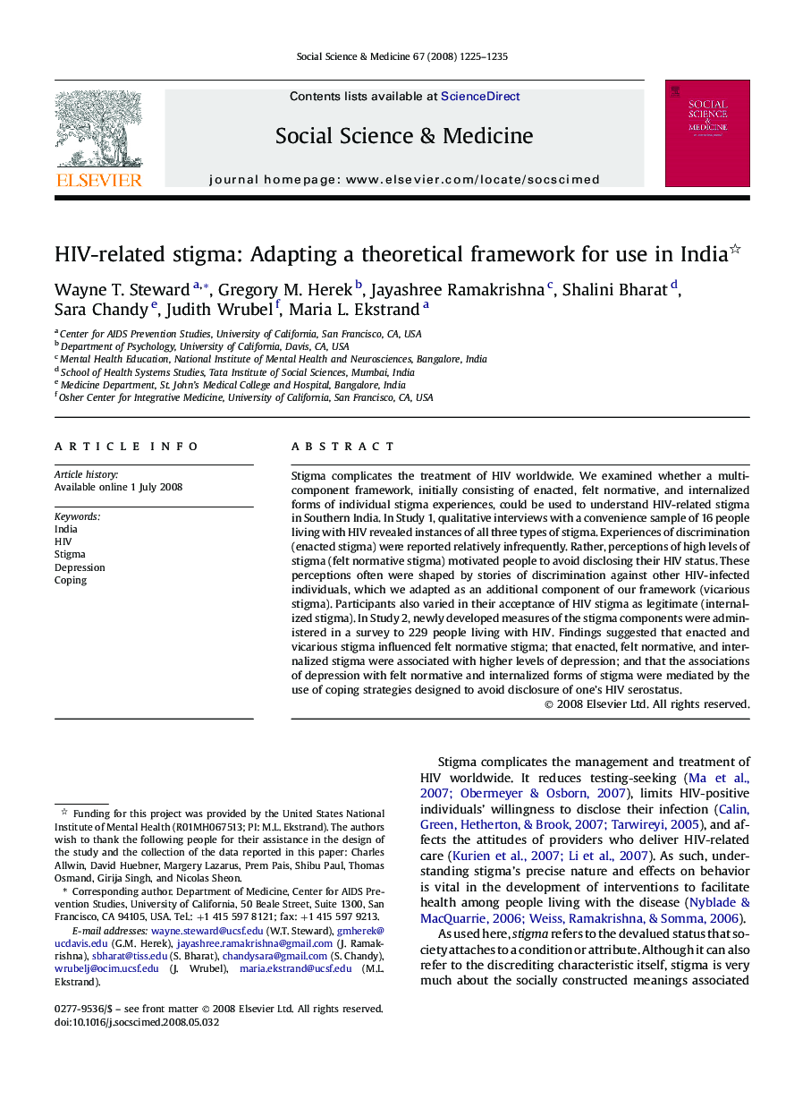 HIV-related stigma: Adapting a theoretical framework for use in India 