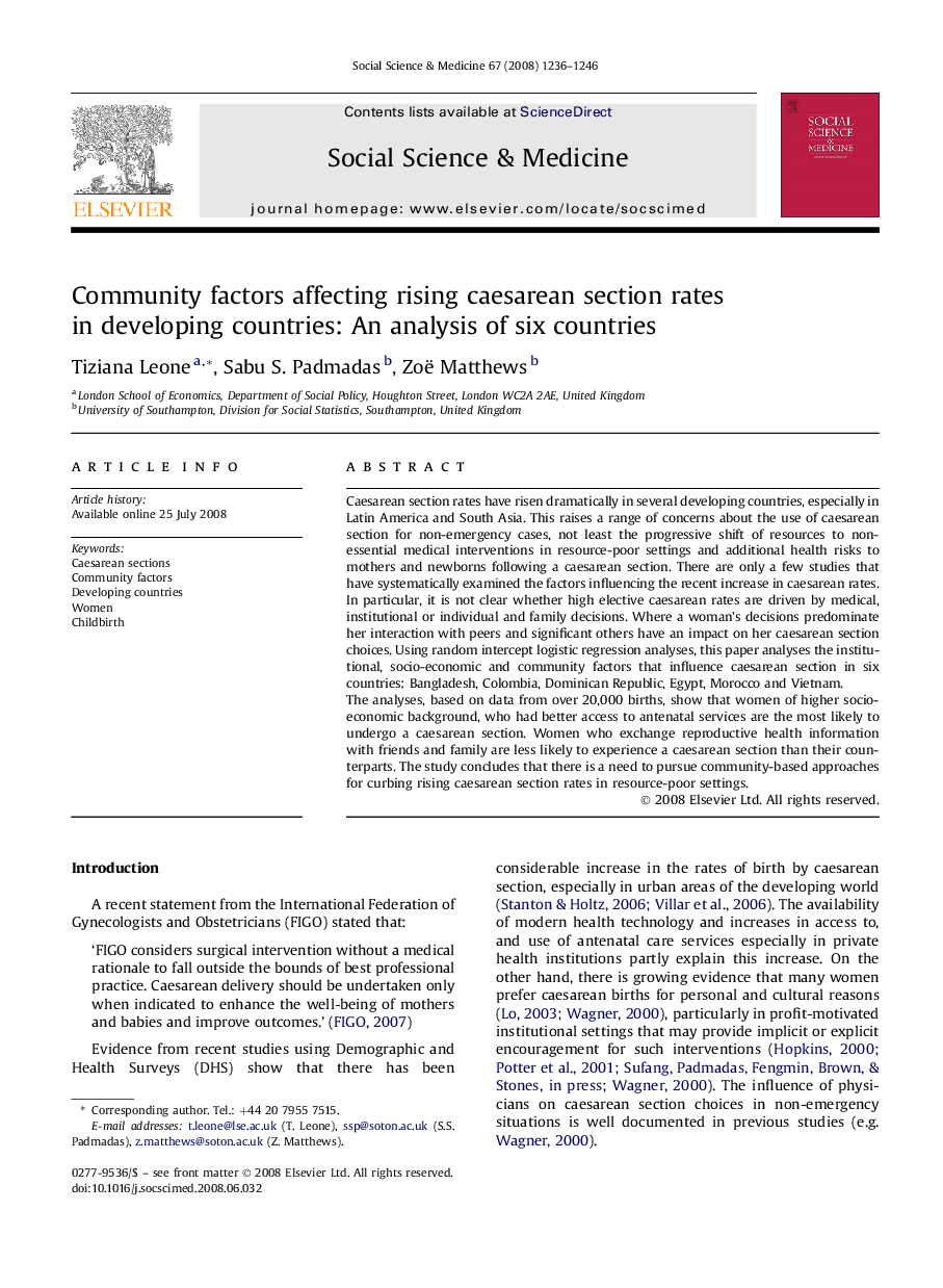 Community factors affecting rising caesarean section rates in developing countries: An analysis of six countries