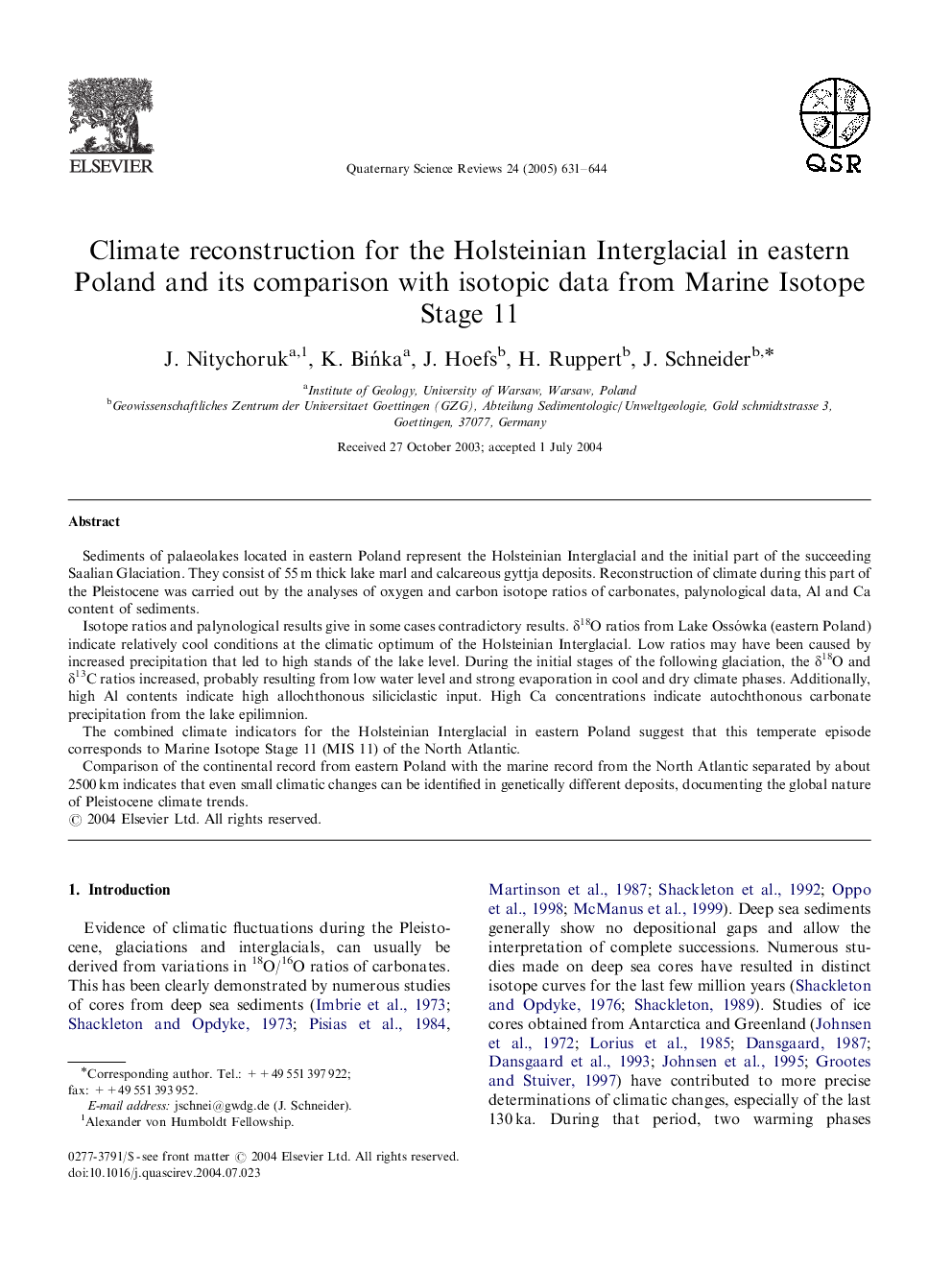 Climate reconstruction for the Holsteinian Interglacial in eastern Poland and its comparison with isotopic data from Marine Isotope Stage 11