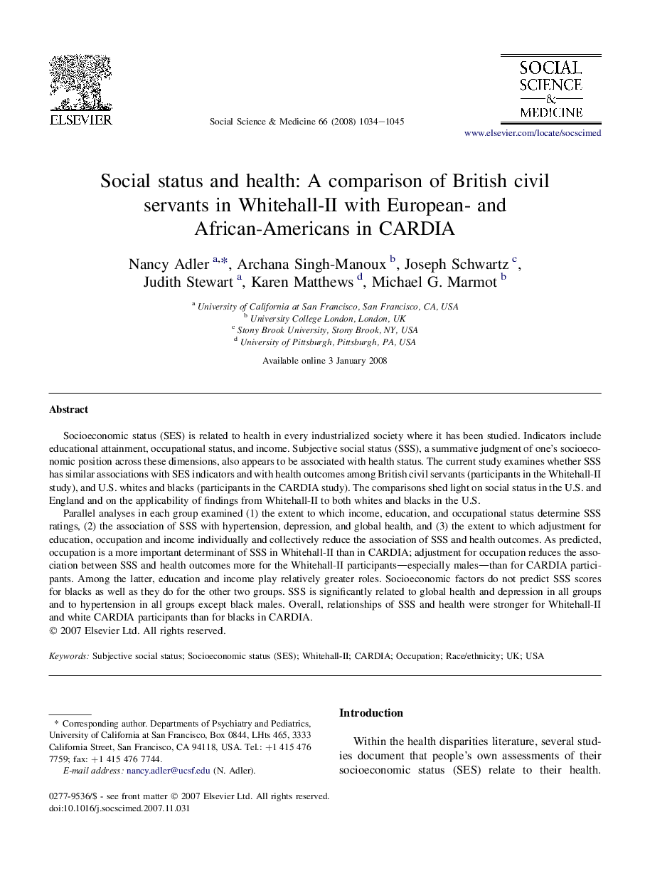 Social status and health: A comparison of British civil servants in Whitehall-II with European- and African-Americans in CARDIA