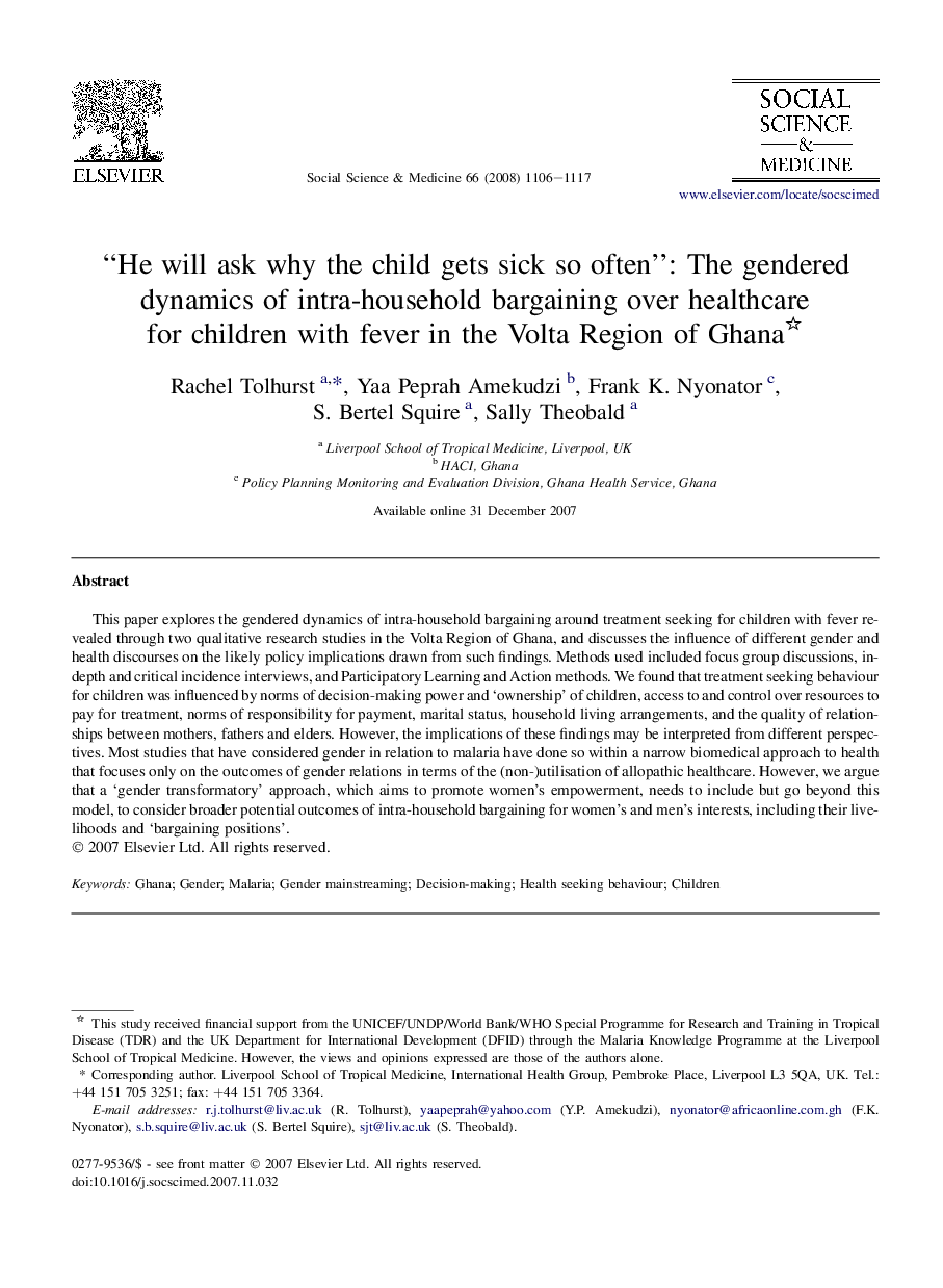“He will ask why the child gets sick so often”: The gendered dynamics of intra-household bargaining over healthcare for children with fever in the Volta Region of Ghana 