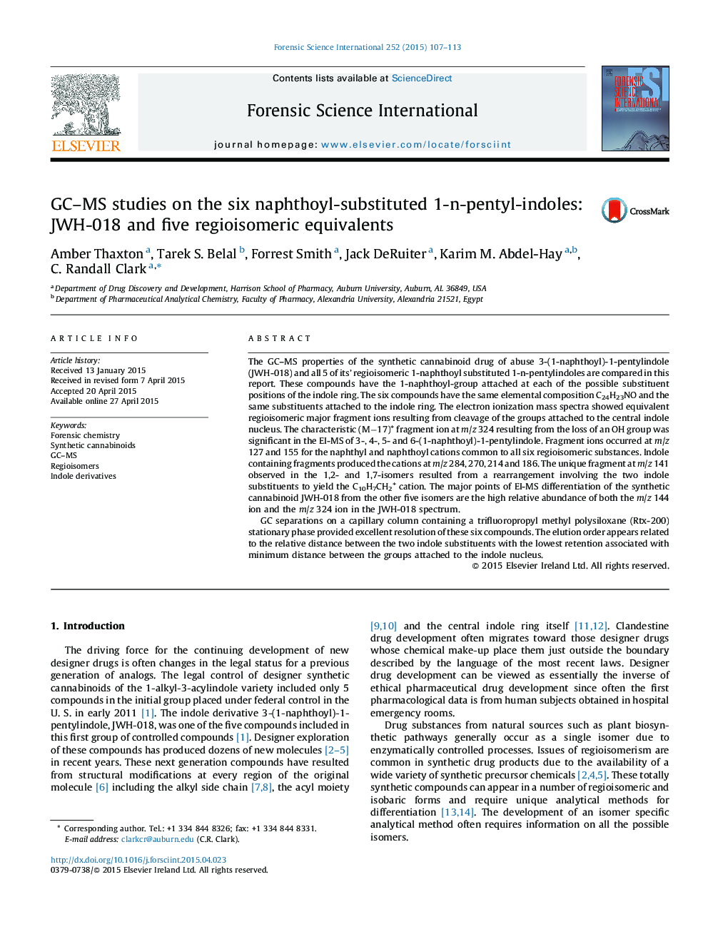 مطالعات GC-MS در مورد شش naphthoyl-substituted 1-n-pentyl-indoles: JWH-018 و پنج معادله regioisomeric