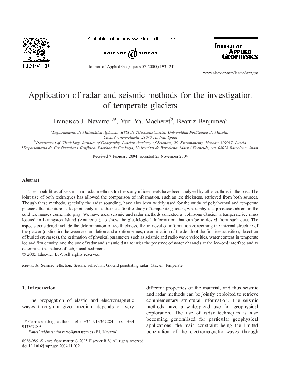 Application of radar and seismic methods for the investigation of temperate glaciers