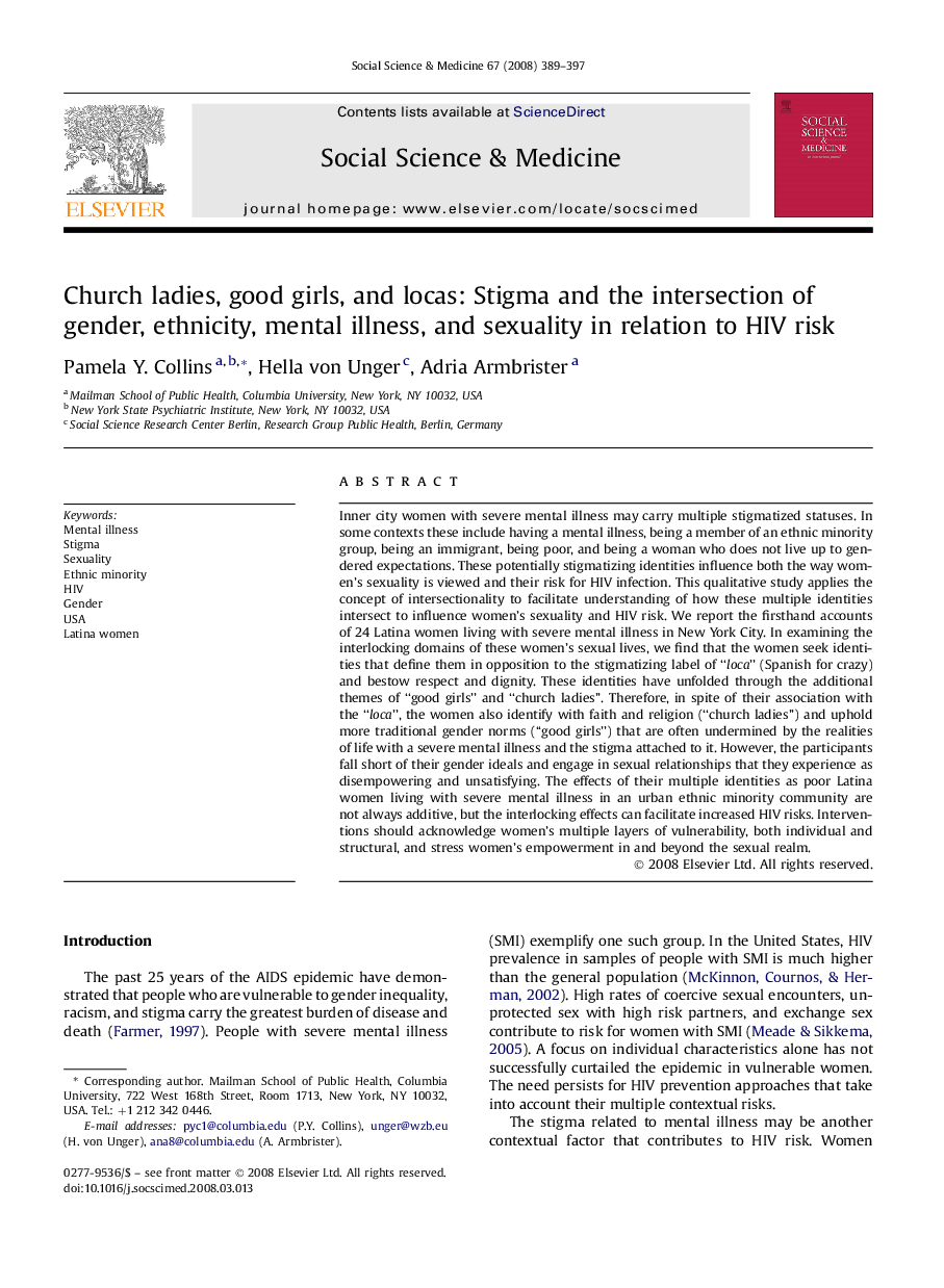 Church ladies, good girls, and locas: Stigma and the intersection of gender, ethnicity, mental illness, and sexuality in relation to HIV risk