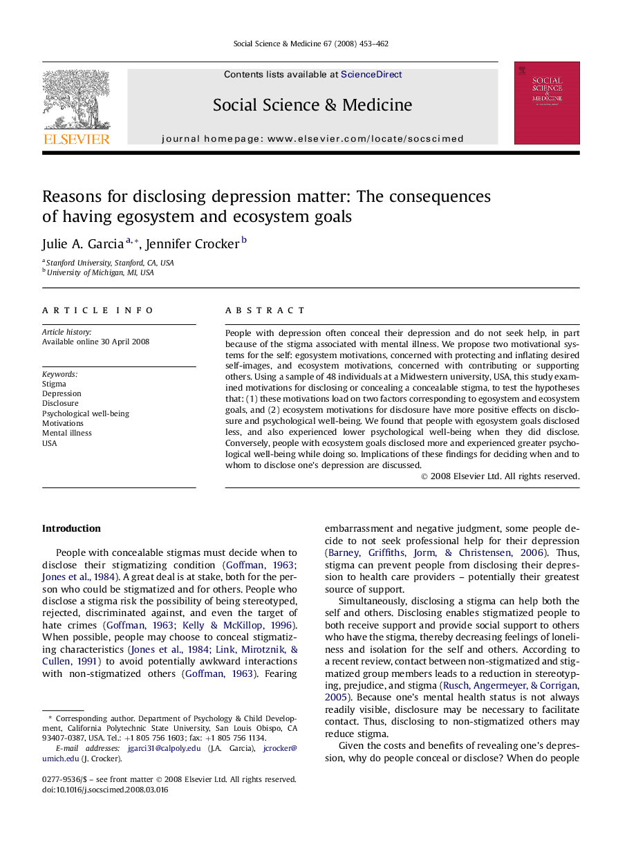 Reasons for disclosing depression matter: The consequences of having egosystem and ecosystem goals