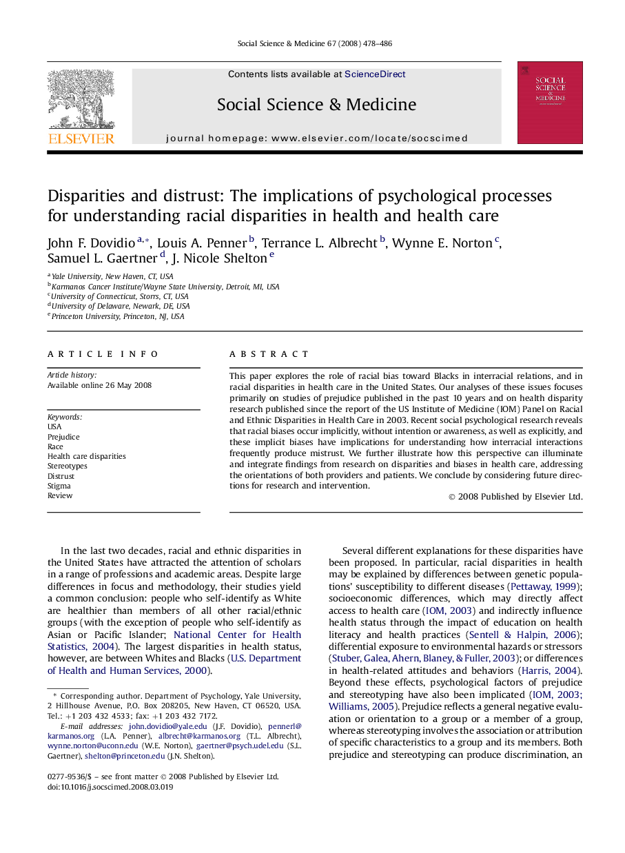 Disparities and distrust: The implications of psychological processes for understanding racial disparities in health and health care