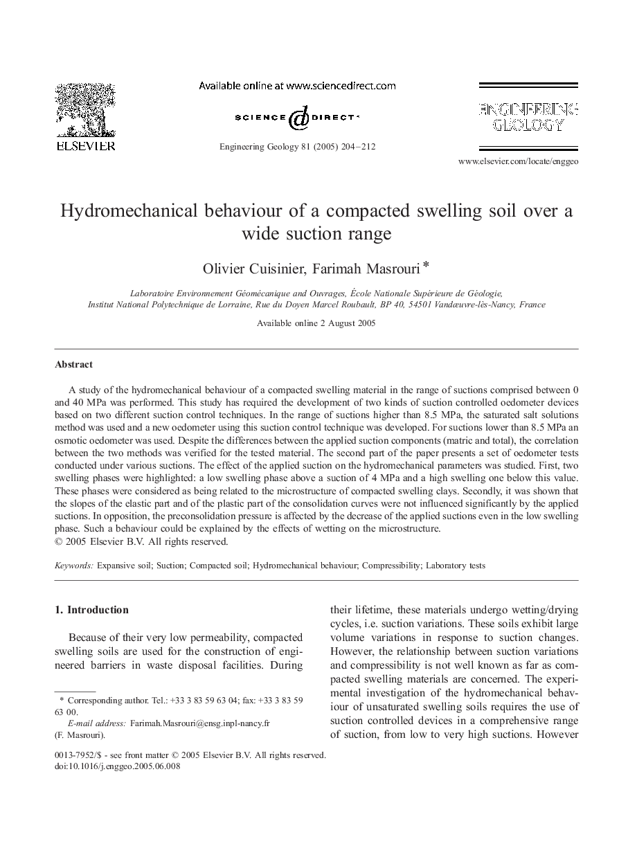 Hydromechanical behaviour of a compacted swelling soil over a wide suction range