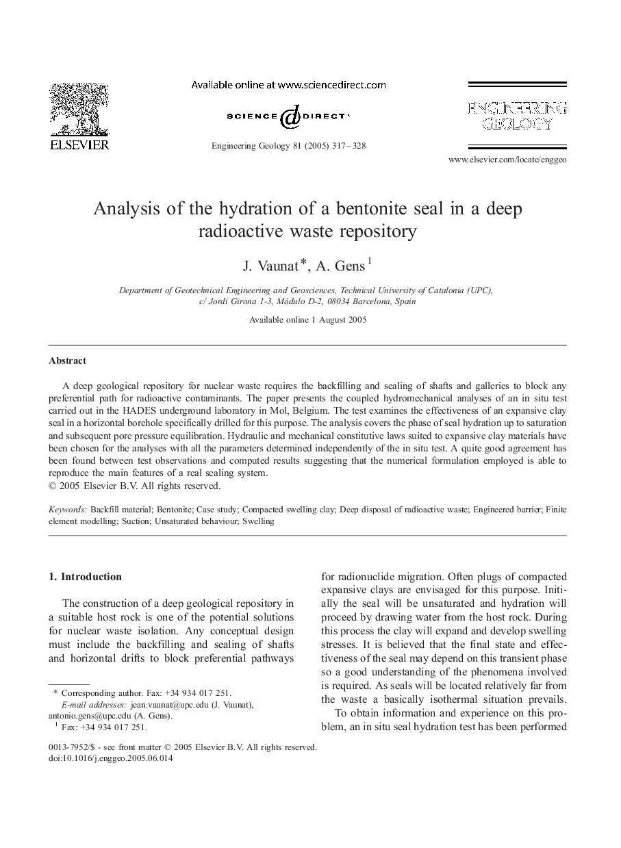 Analysis of the hydration of a bentonite seal in a deep radioactive waste repository